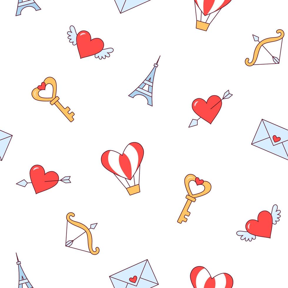 Valentines day seamless pattern. Love and heards. 14 February. Vector seamless pattern illustration in linear style on white background