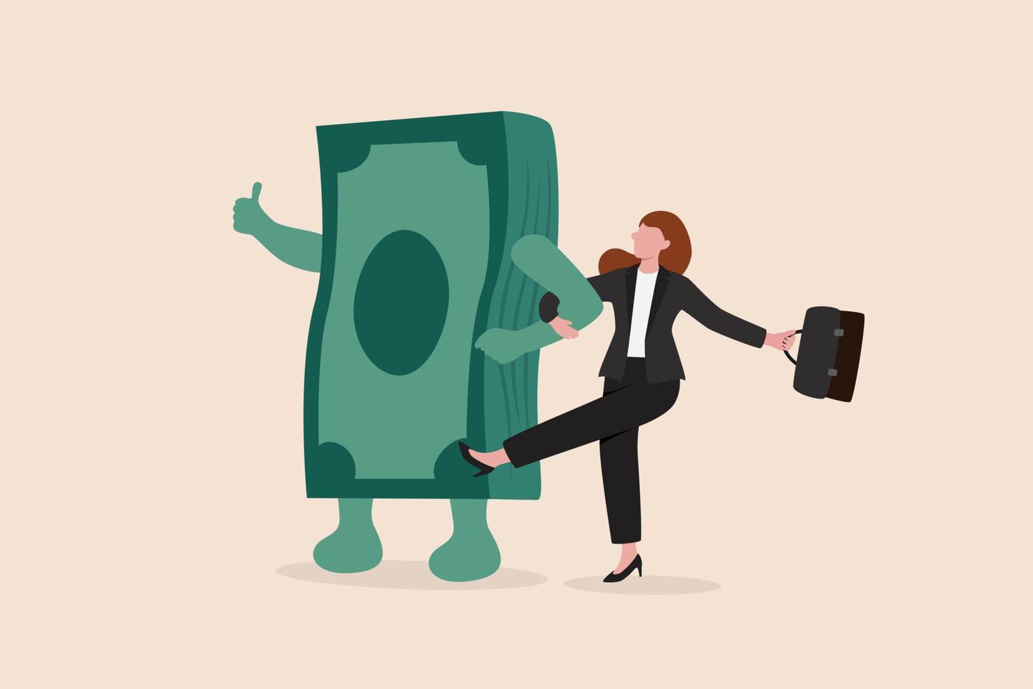 Happy money, rich and achieve financial freedom, success investment, income or salary increase, personal finance concept, success businesswoman walking arm in arm with joyful money banknotes bundle. vector