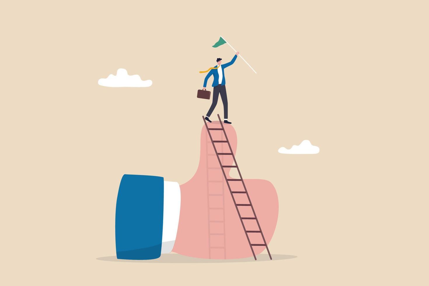 Success businessman climb up ladder of success to the top holding winning flag standing on thumb up metaphor of great job or mission accomplish. vector