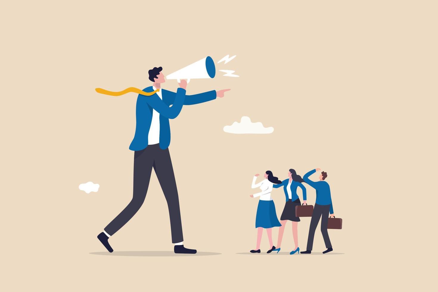 Dominant leader, bossy manager using authority power to order and control employee to work, contrast and conflict management concept, giant businessman manager using megaphone to order employee. vector