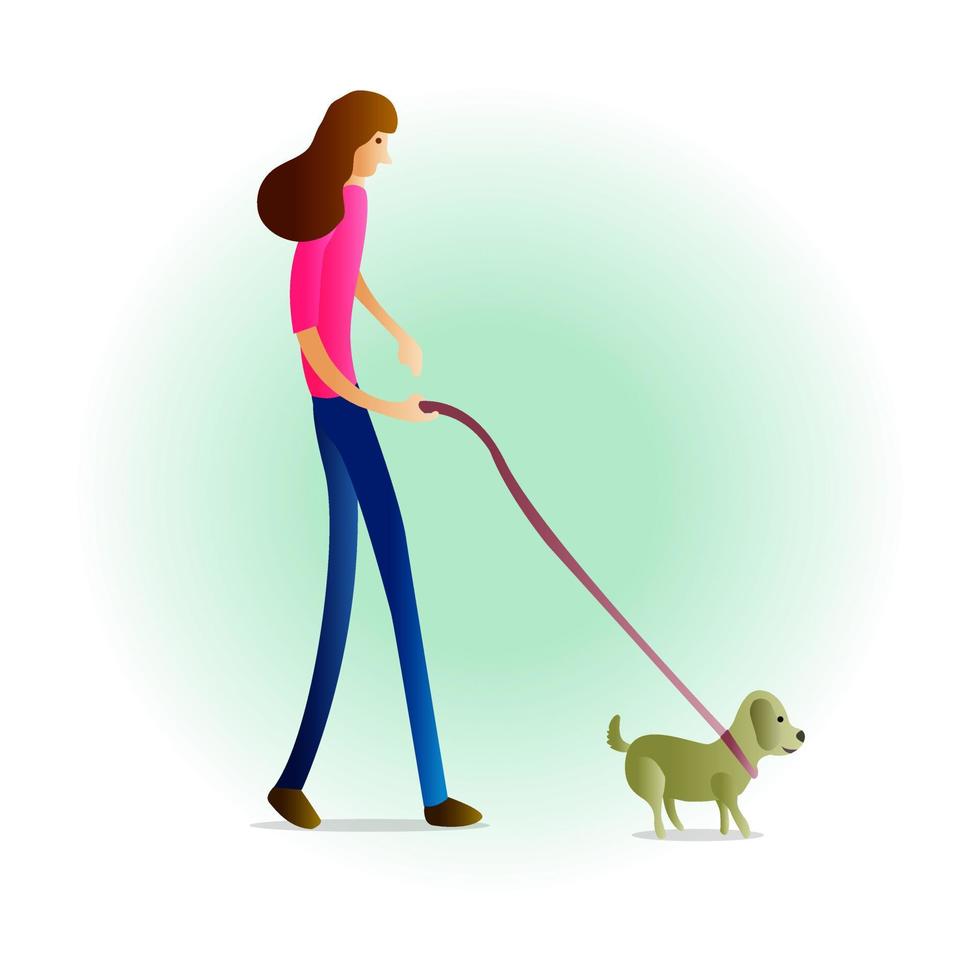 una mujer paseando con perro. ilustración de vector de actividad al aire libre