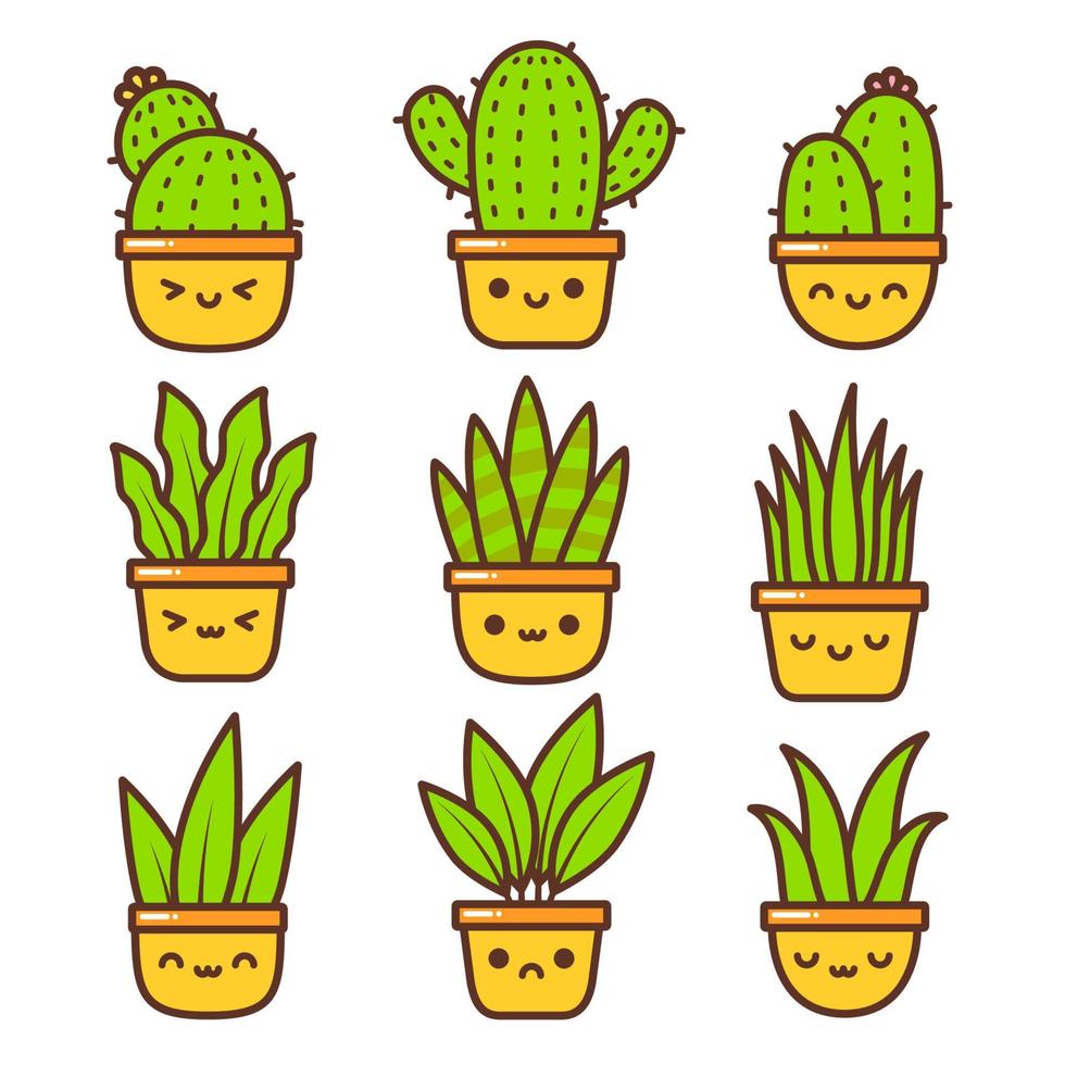 cute different expression plant in colorful pot vector