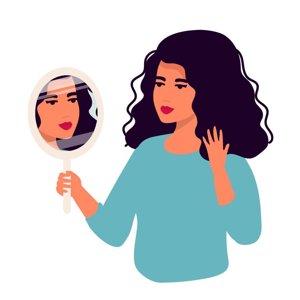 Hand drawn vector illustration of young woman looks on her reflection in mirror with love. Cartoon flat style flat isolated