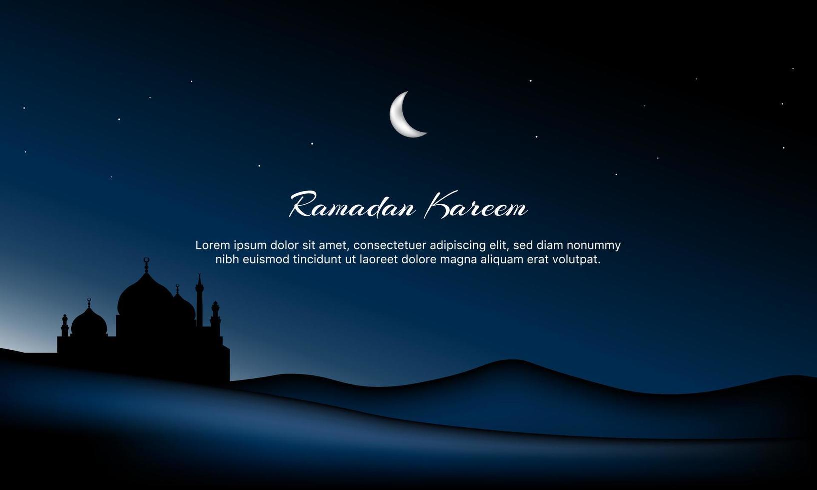 Ramadan Kareem Background with Silhouette of a Mosque in the Desert. Vector Illustration.