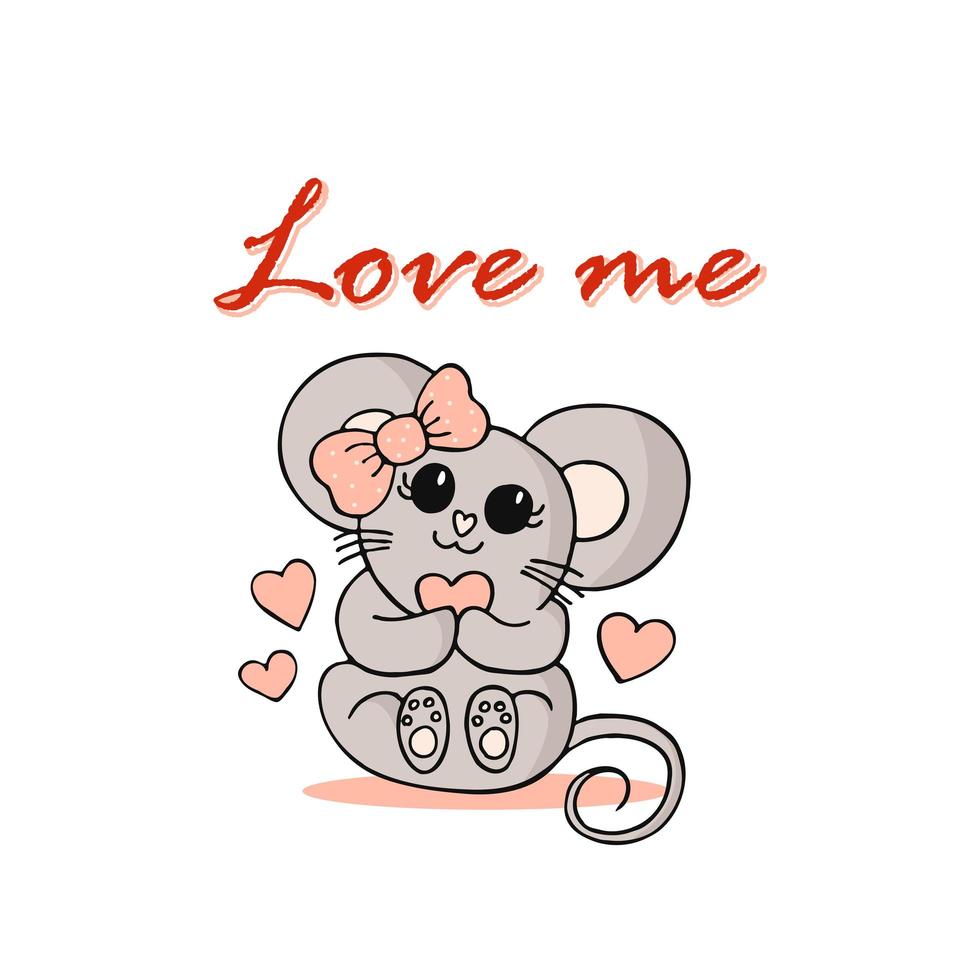 Cute little mouse with pink polka-dot bow and hearts. Happy Valentines Day. Love and romance. Love me. vector