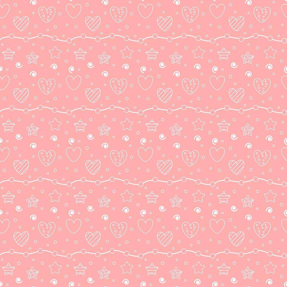 Romantic seamless pattern with a heart. Happy Valentine s Day. White outline hearts, dots and stars on a pink background. vector