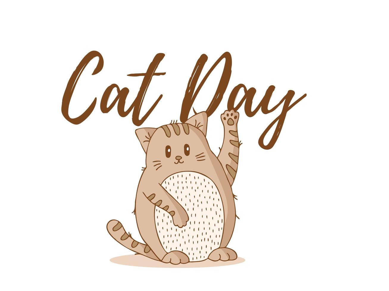 A brown striped cat with a light belly waves a paw. World Cat Day. International holiday. Cat with lettering. vector