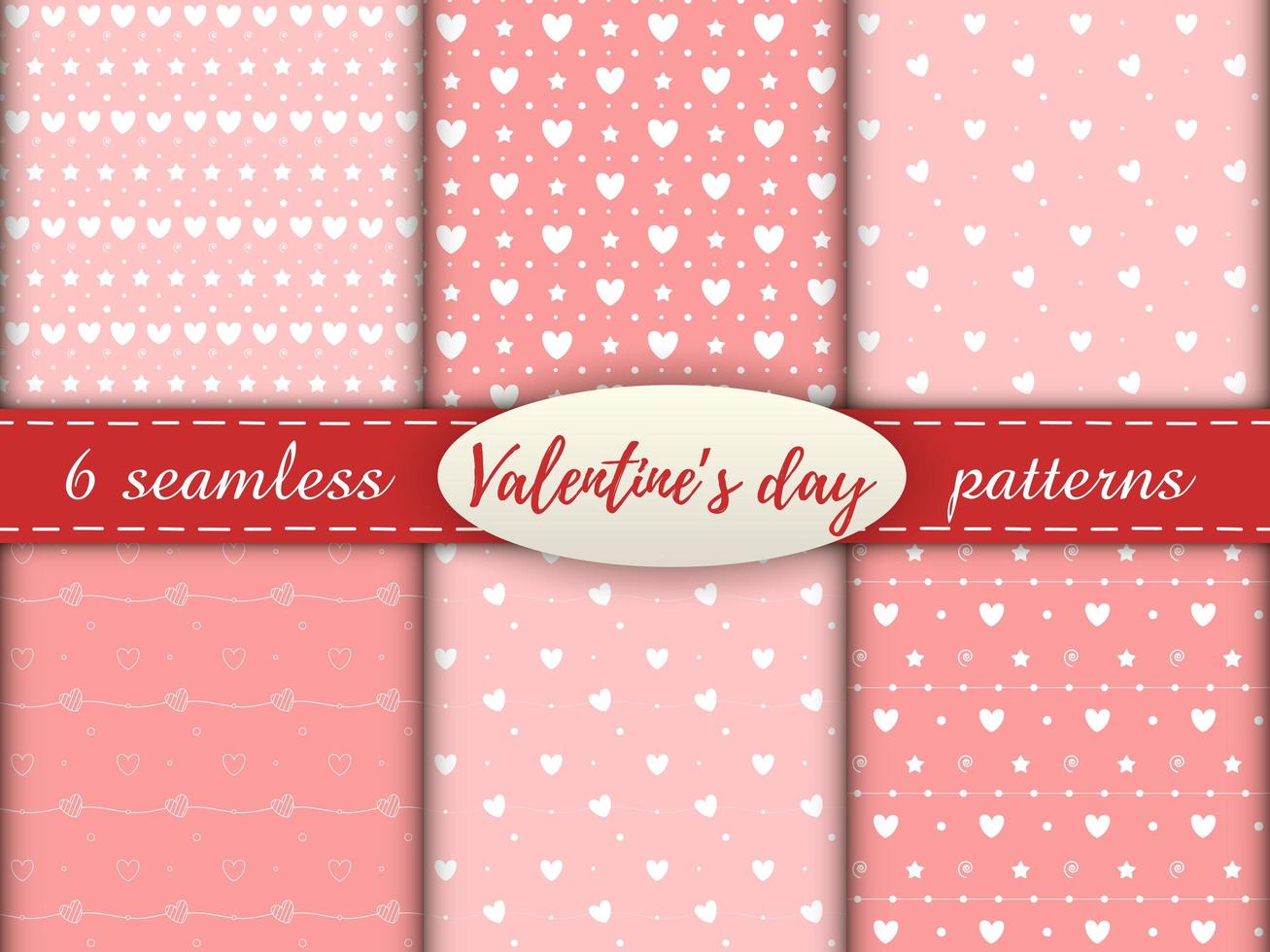 Romantic seamless patterns with a heart. Happy Valentine s Day. Set of 6 patterns with a white hearts, dots and stars on a pink background. vector