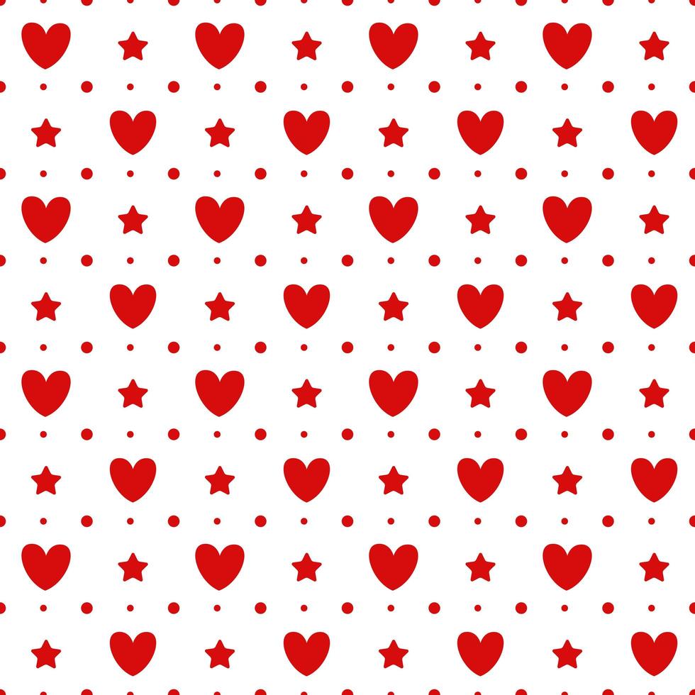 patrón romántico sin fisuras con un corazón. Feliz día de San Valentín. corazones rojos, puntos y estrellas sobre un fondo blanco. vector