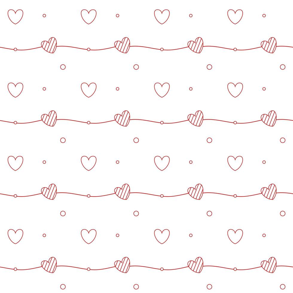 Romantic seamless pattern with a heart. Happy Valentine s Day. Red outline hearts and dots on a white background. vector