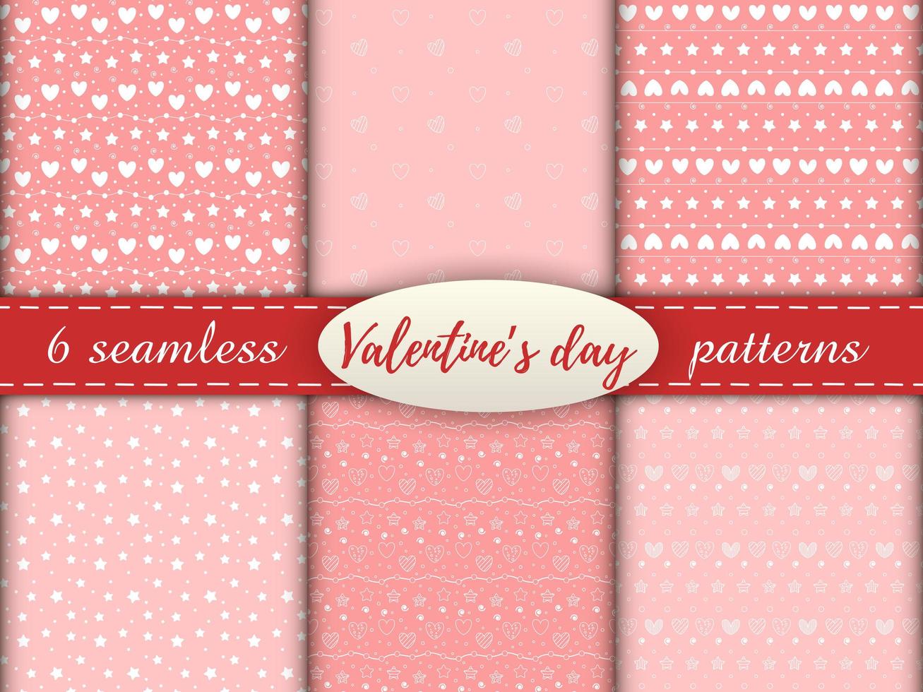 patrones románticos sin fisuras con un corazón. Feliz día de San Valentín. conjunto de 6 patrones con corazones blancos, puntos y estrellas sobre un fondo rosa. vector