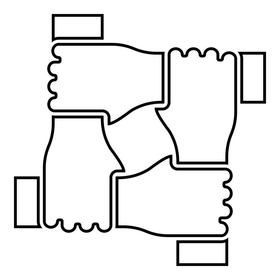 Four hands together concept teamwork united teamleading Arm interlocking with each other on wrist jointly collaboration contour outline icon black color vector illustration flat style image