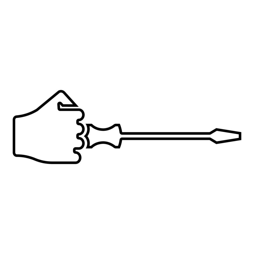 Screw driver in hand tool in use Arm with screwdriver for unscrewing contour outline icon black color vector illustration flat style image