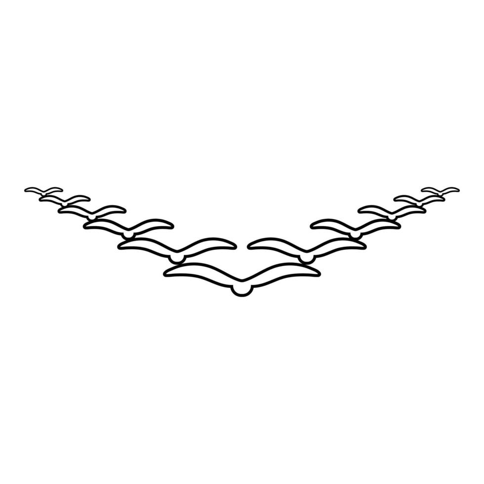 bandada de pájaros volando en el cielo en clave de cuña liderazgo concepto migración silueta contorno contorno icono negro color vector ilustración estilo plano imagen