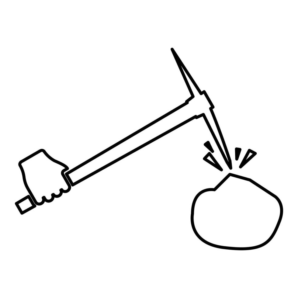 Pickaxe hit stone in hand contour outline icon black color vector illustration flat style image