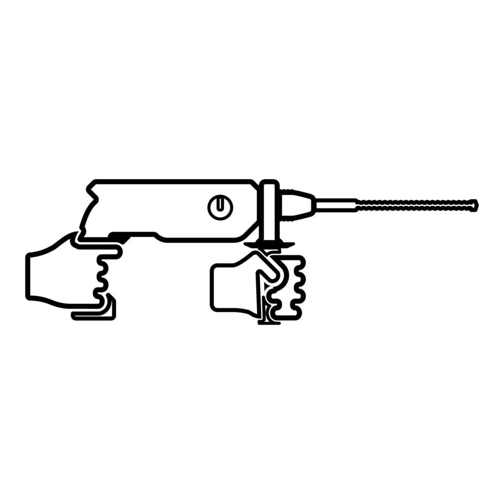 Electric rotary hammer drill in hand holding tool use Arm using Power tool contour outline icon black color vector illustration flat style image