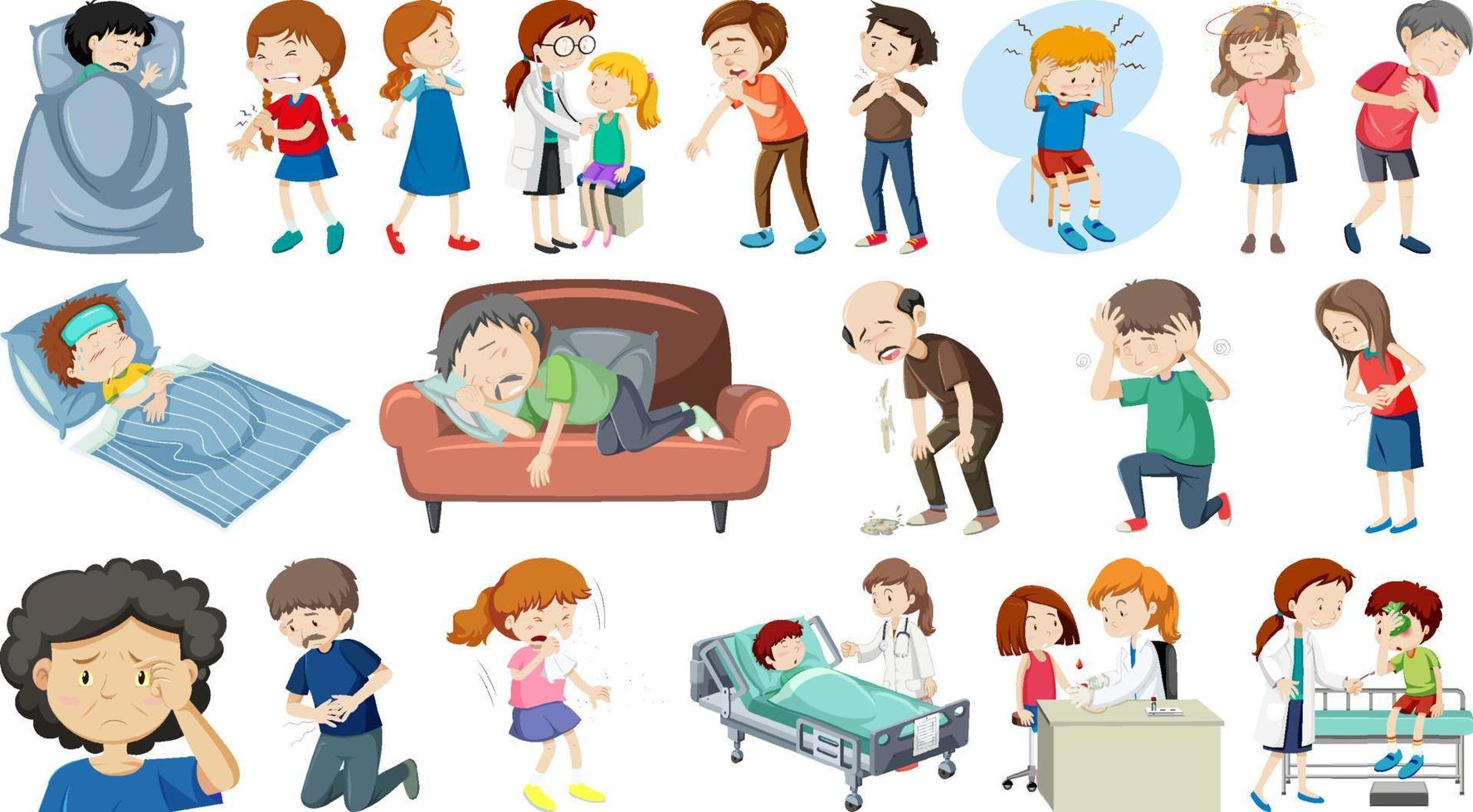 Set of sick people with different symptoms vector