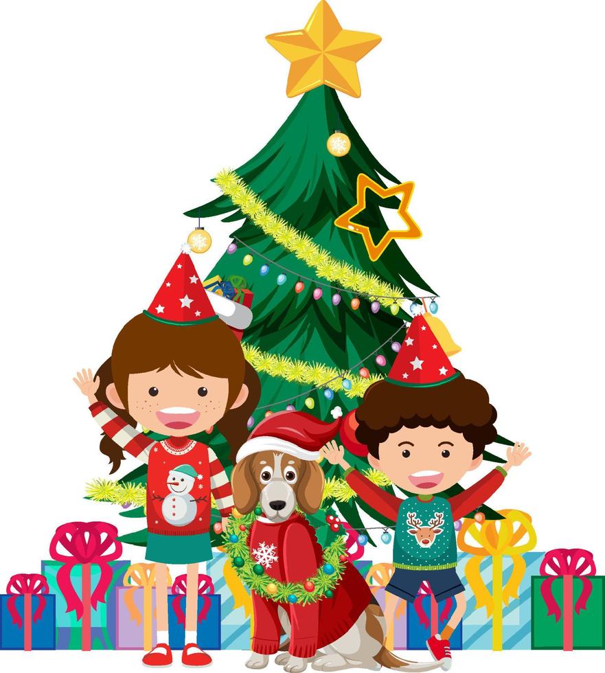 Children with beagle dog wearing Christmas outfits vector