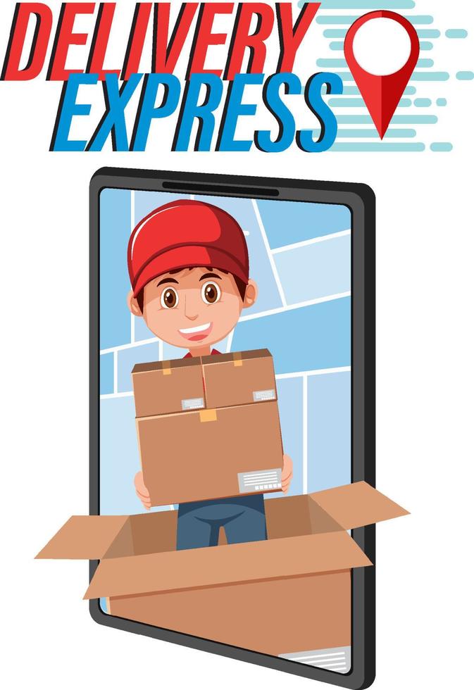 Delivery Express wordmark with courier on smartphone display vector