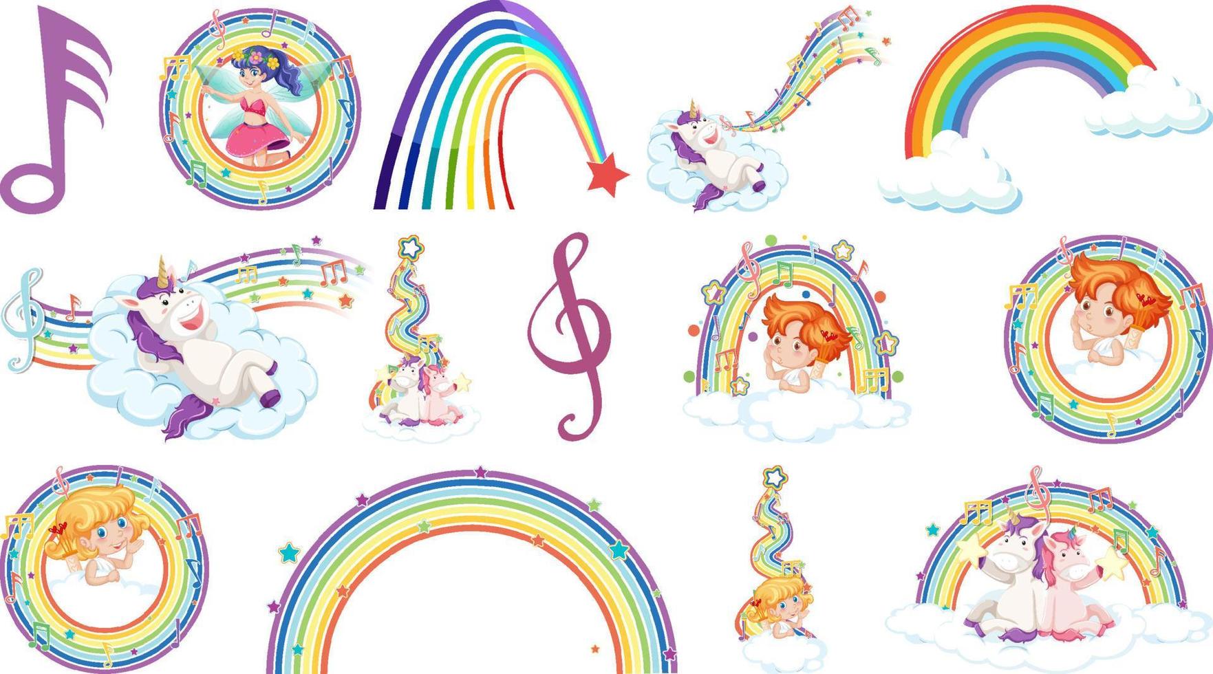 Set of fantasy fairies and cupids with rainbow elements vector