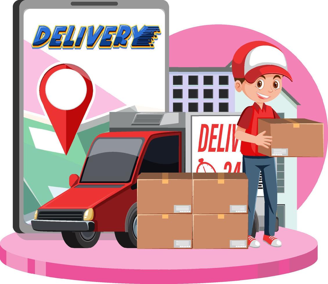 Courier delivering packages with location pin on smartphone vector