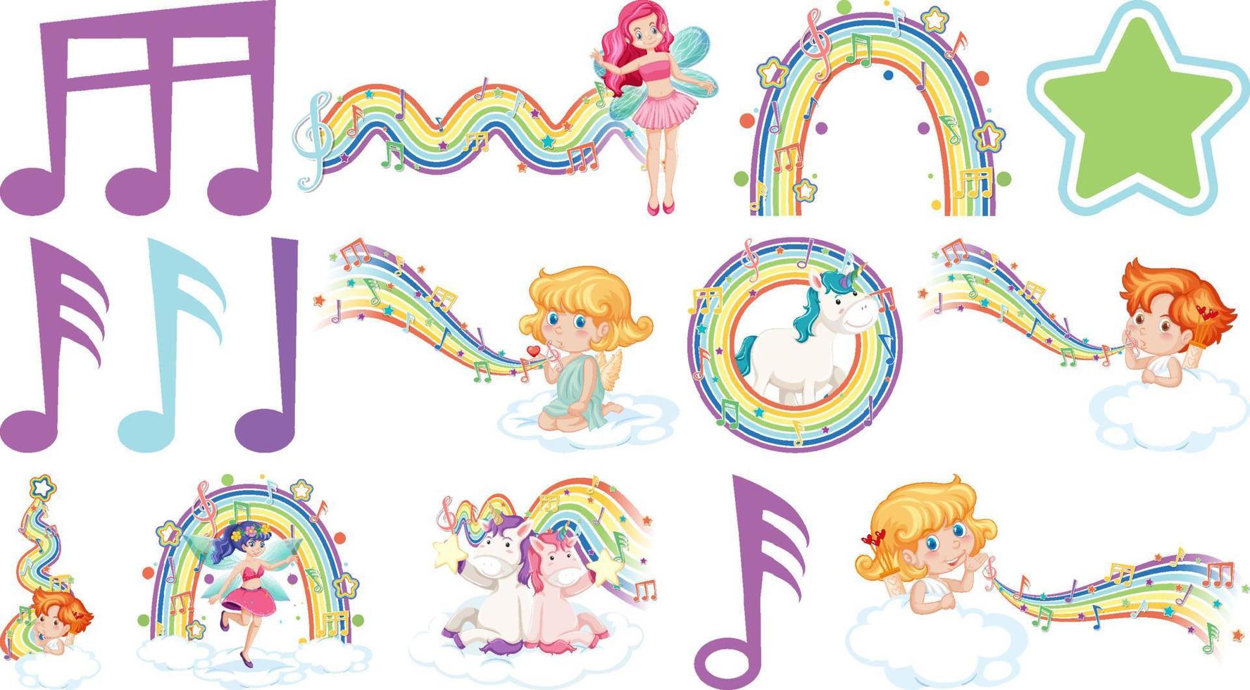 Set of fantasy fairies and cupids with rainbow elements vector