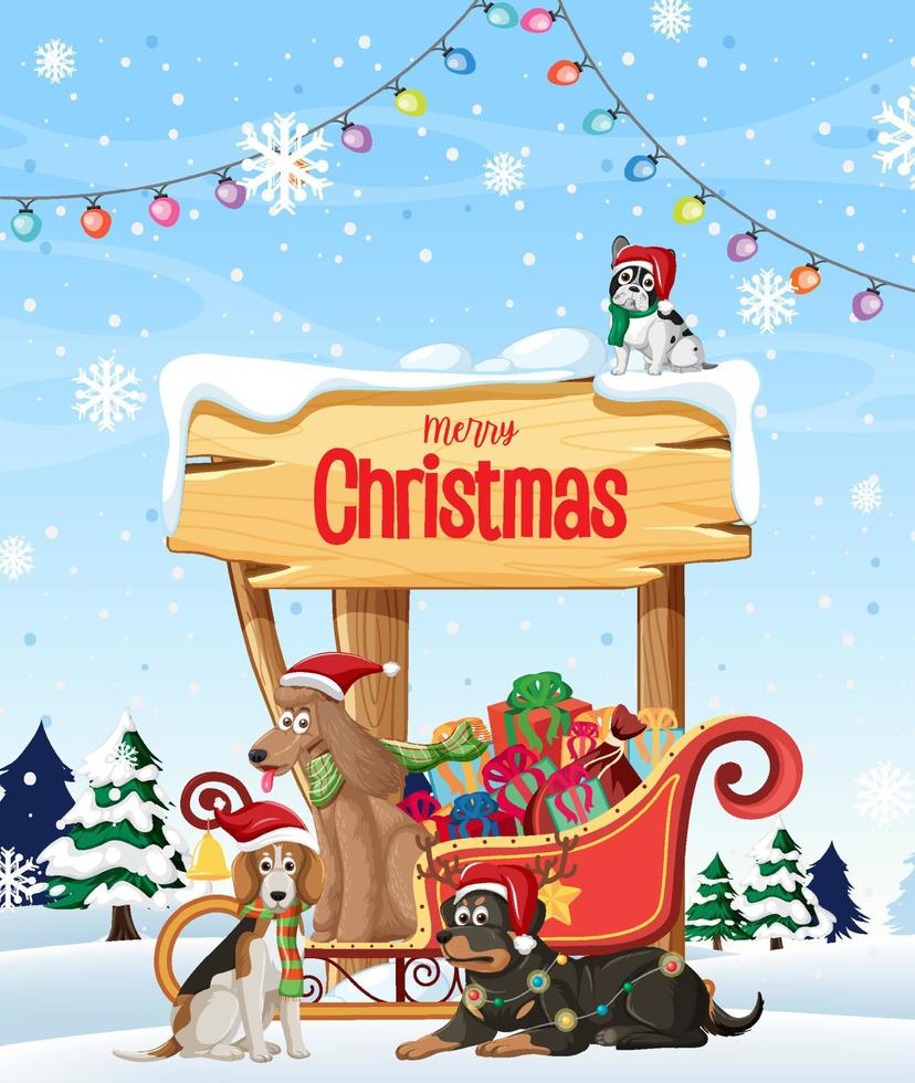 Dogs on sleigh in snow scene with Merry Christmas banner vector