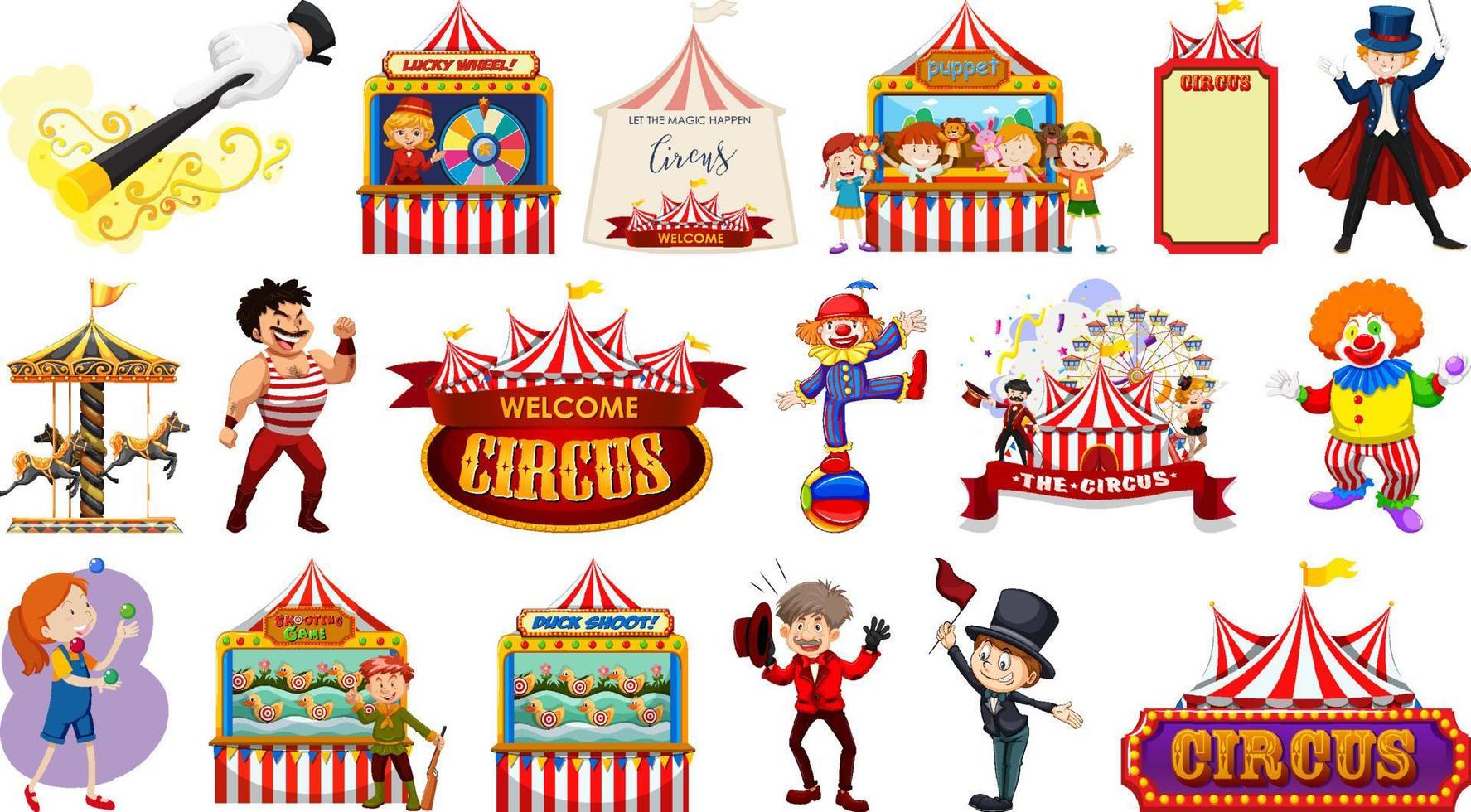 Set of circus characters and amusement park elements vector