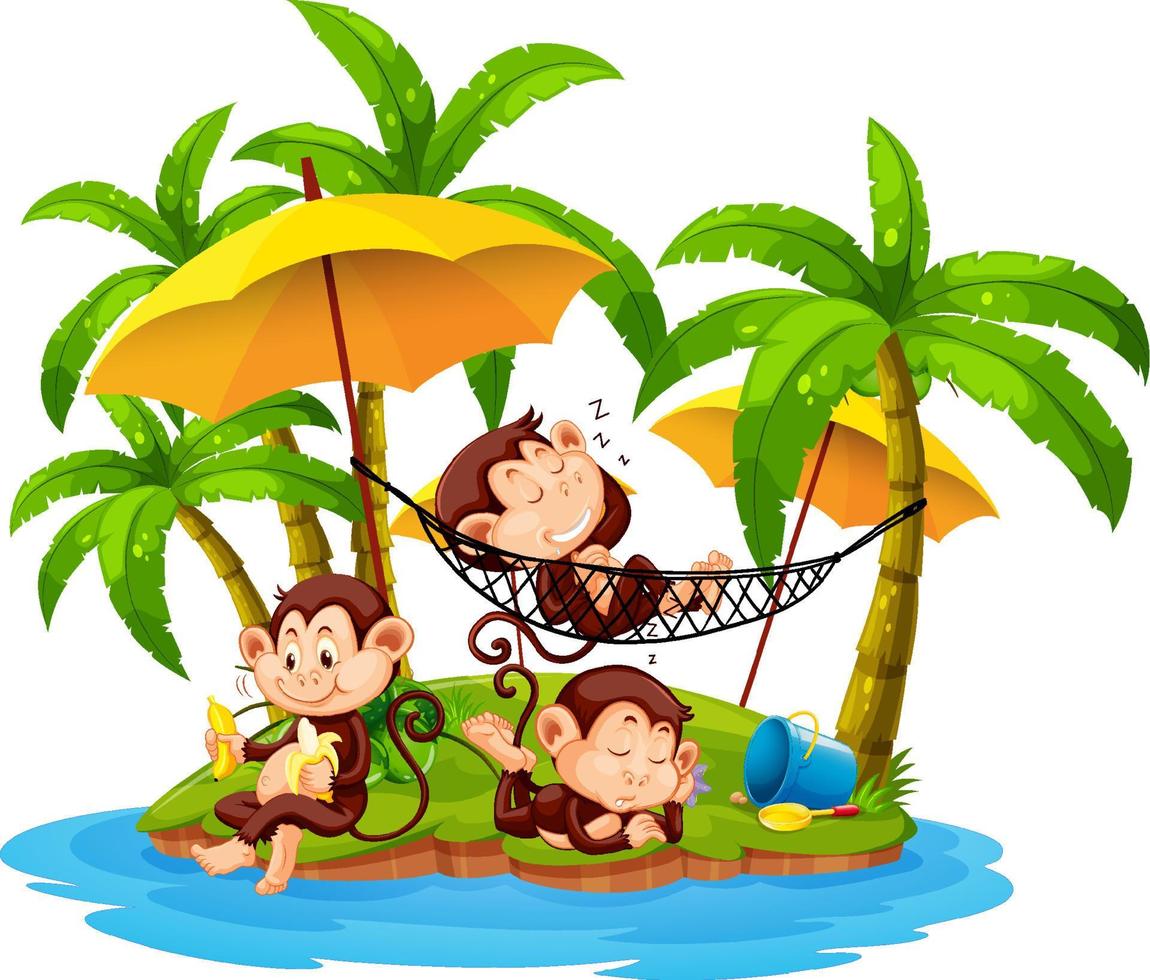 Isolated island with little monkeys cartoon character vector