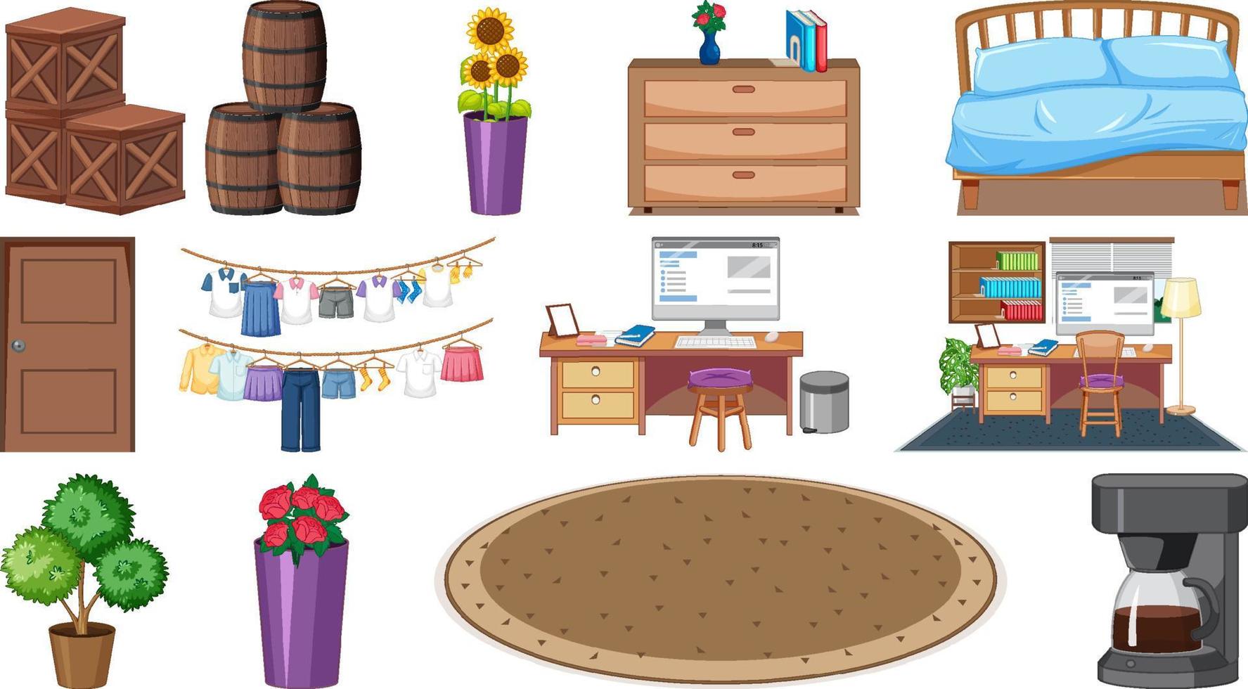 Set of interior furniture and decorations vector