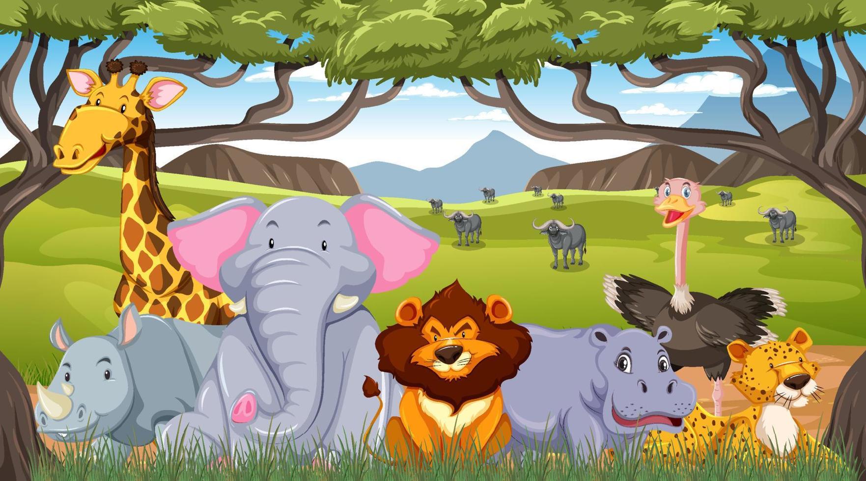 Wild animals in savanna forest landscape vector