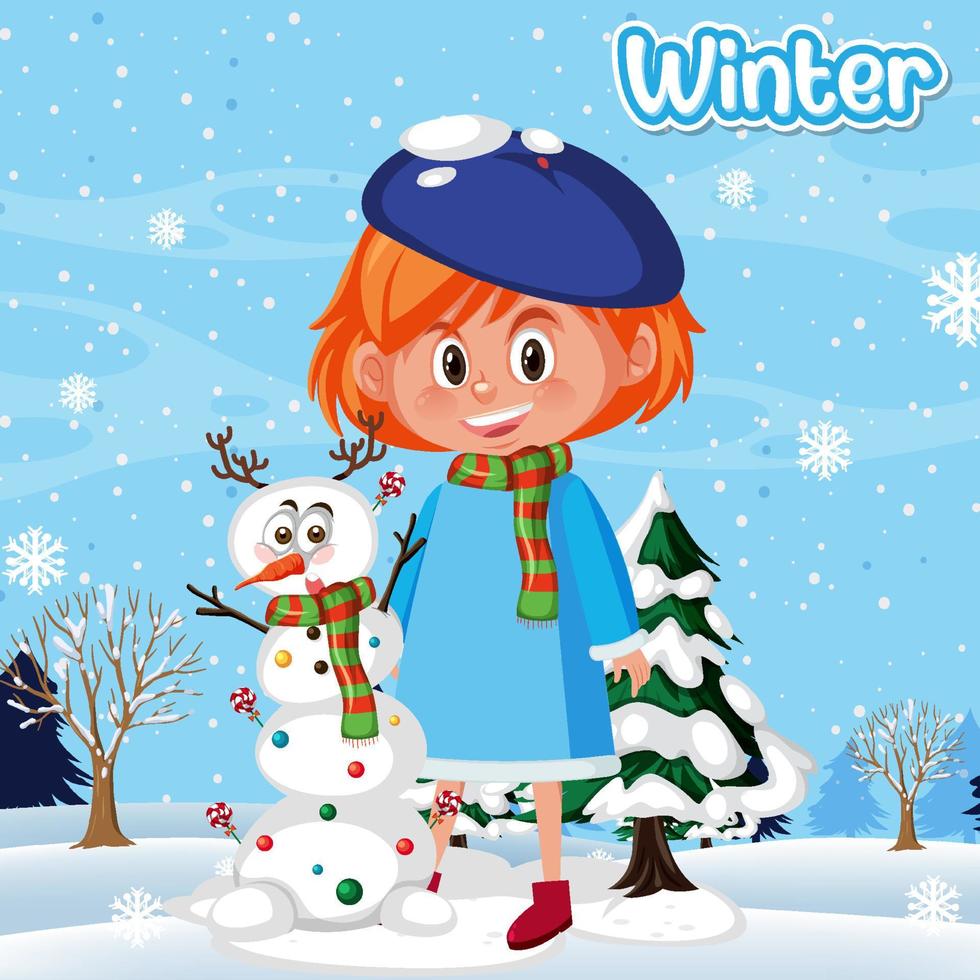 Cute girl wearing winter costume on snow background vector