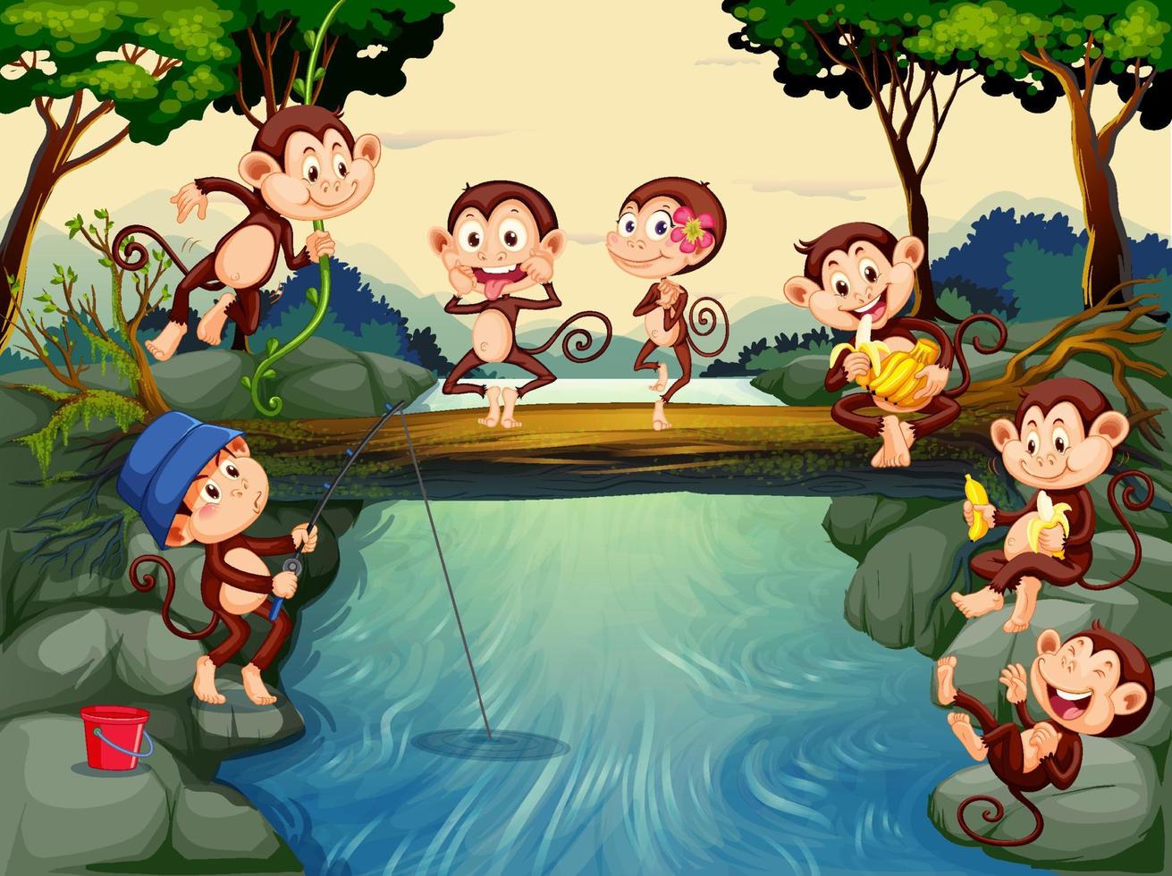 Forest river scene with monkey cartoon characters vector