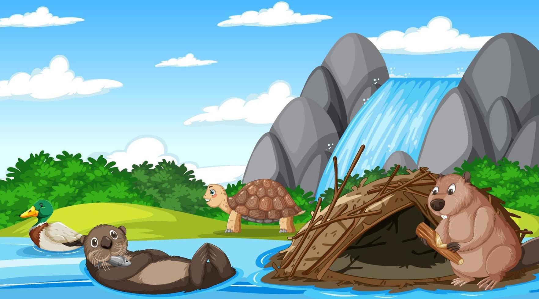 River in the forest with wild animals vector