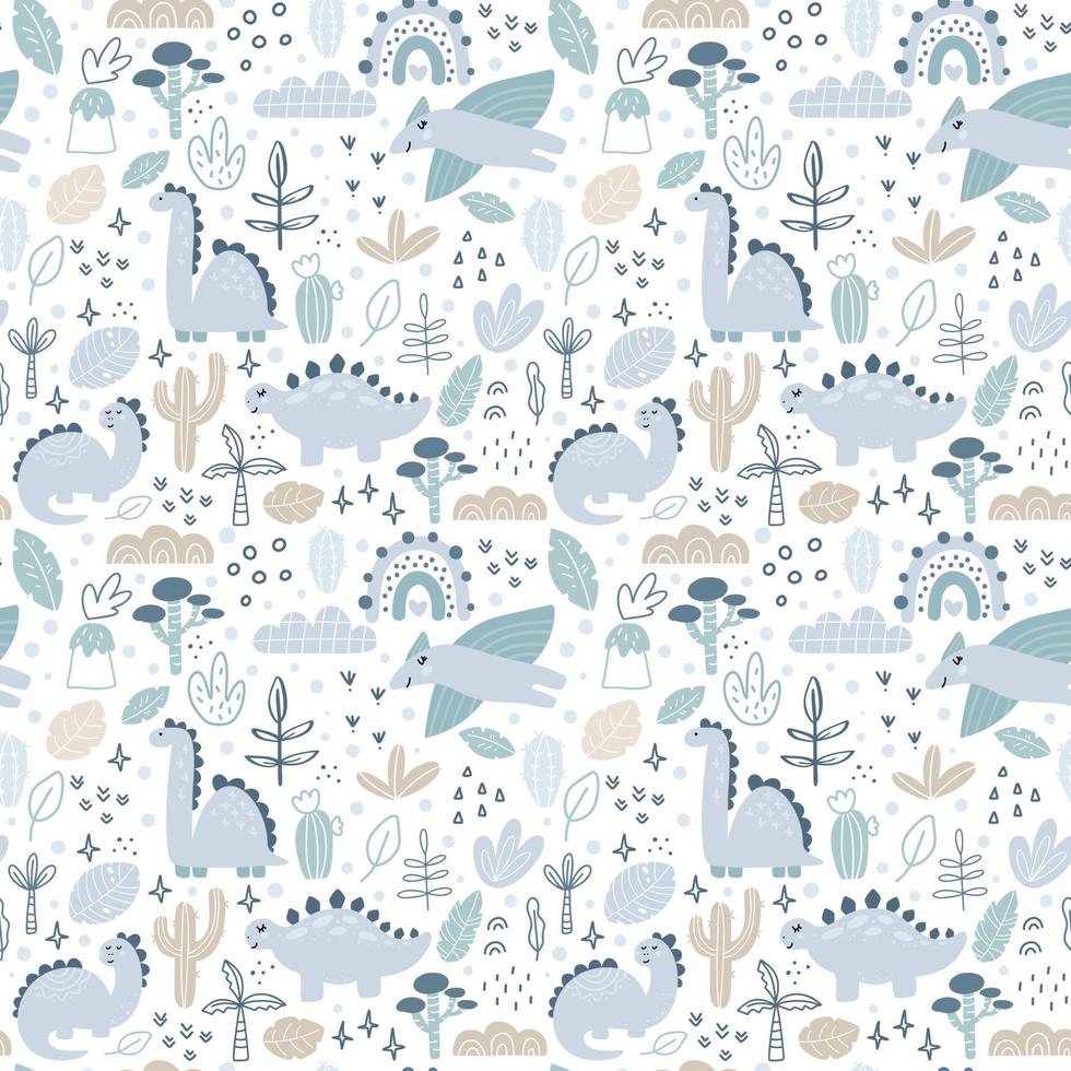 Vector childish seamless pattern with hand drawn baby dino in scandinavian style. Creative kids boy background for fabric, textile