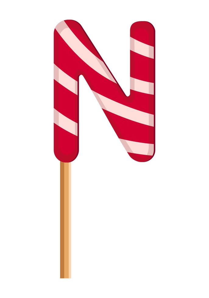 Letter N from striped red and white lollipops. Festive font or decoration for holiday or party. Vector flat illustration