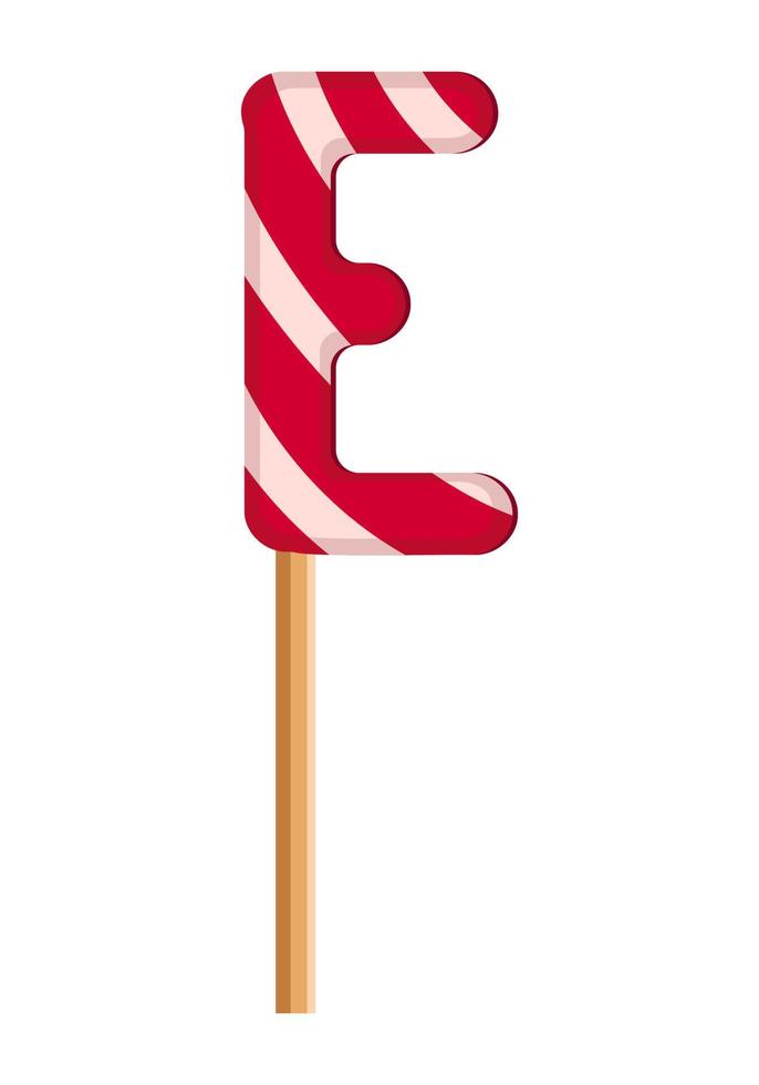 letra e de piruletas rojas y blancas a rayas. fuente festiva o decoración para vacaciones o fiestas. ilustración plana vectorial vector