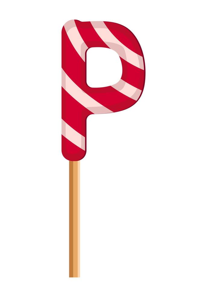 Letter P from striped red and white lollipops. Festive font or decoration for holiday or party. Vector flat illustration
