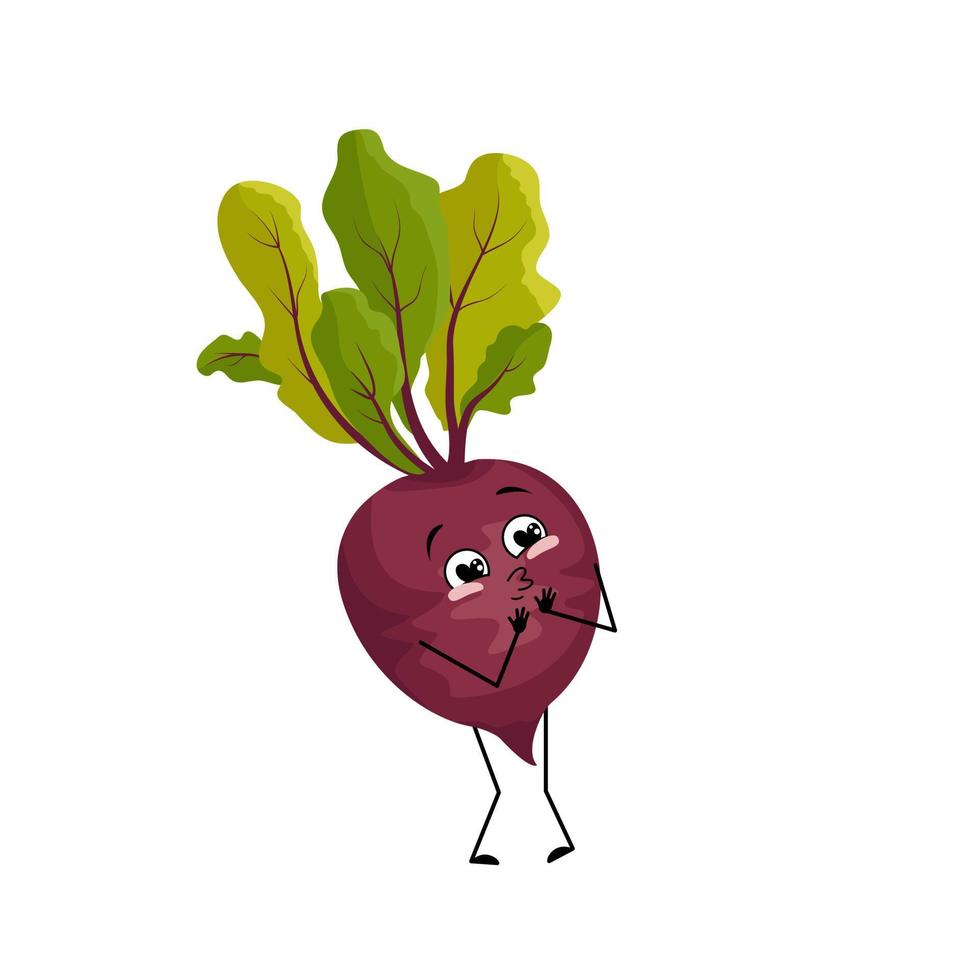 Beet character with love emotions, smile face, arms and legs. Person with happy expression, vegetable emoticon. Vector flat illustration