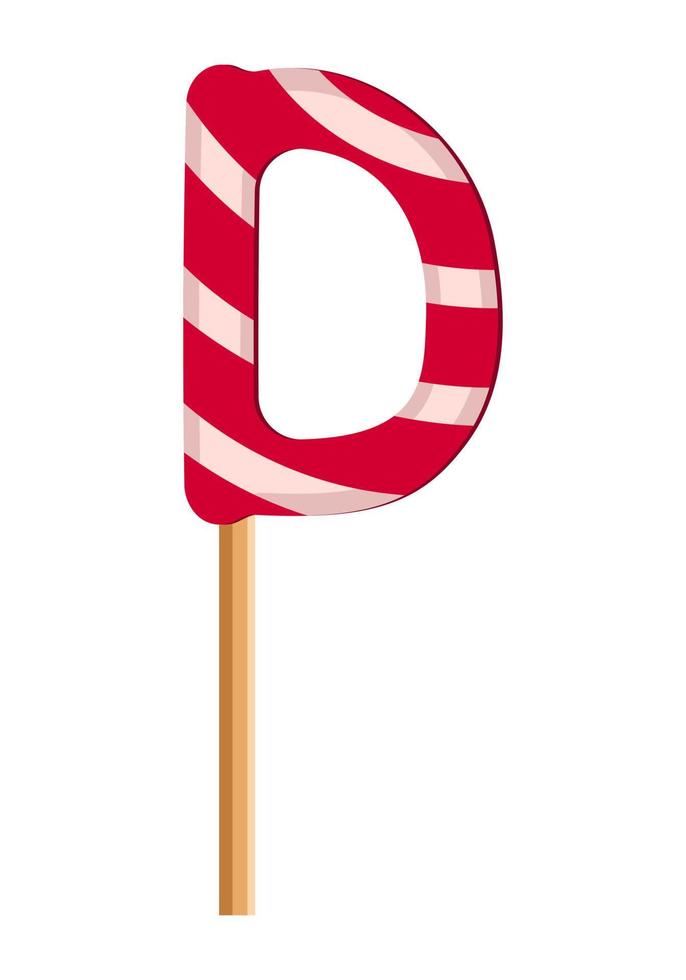 Letter D from striped red and white lollipops. Festive font or decoration for holiday or party. Vector flat illustration