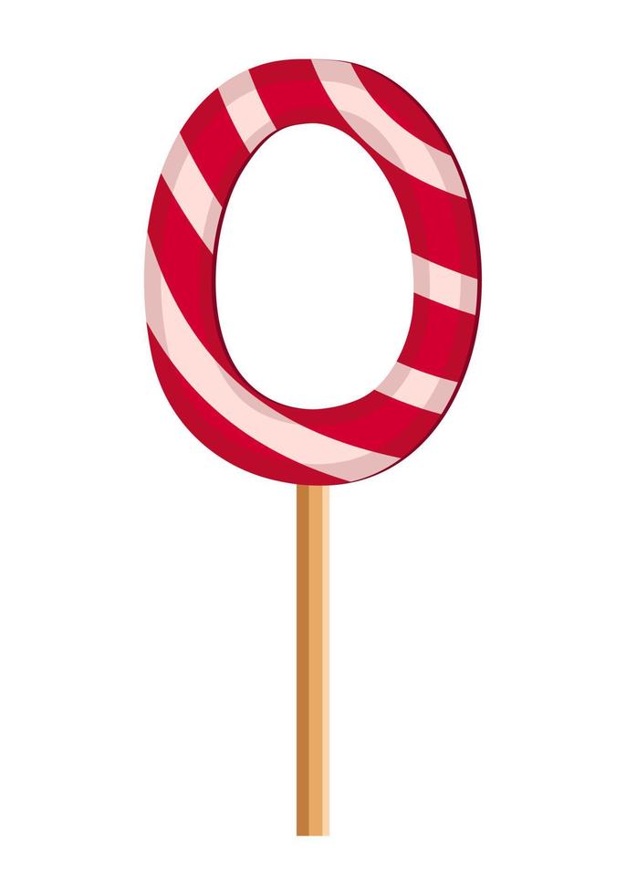 Letter O from striped red and white lollipops. Festive font or decoration for holiday or party. Vector flat illustration