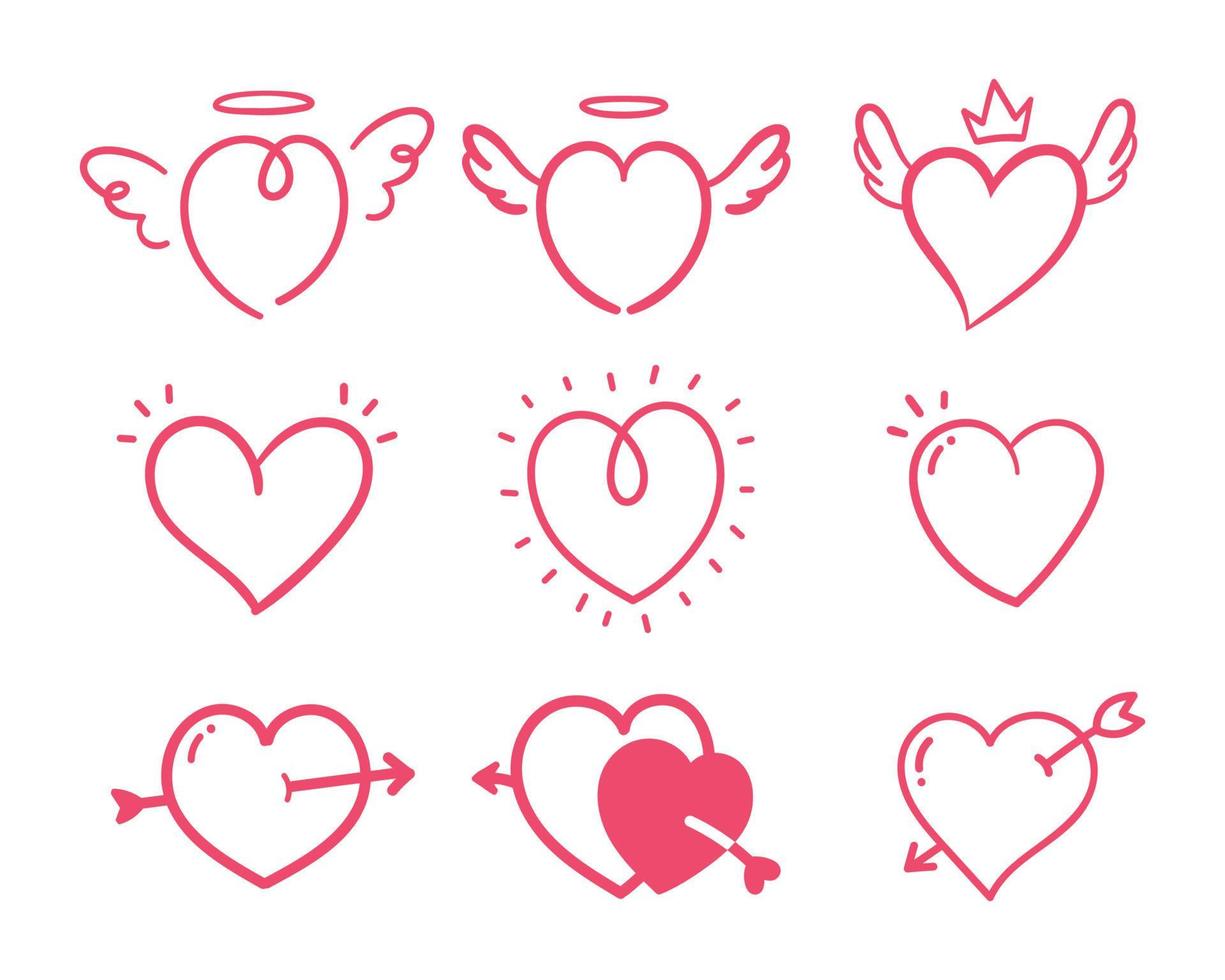 hand drawn lines of hearts embroidered with arrows of love vector