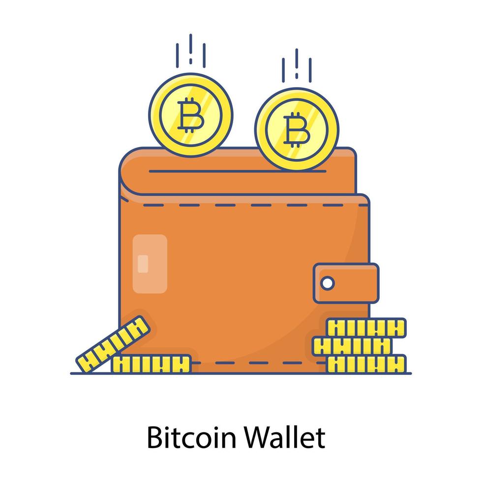 Wallet brimmed with currency, bitcoin wallet flat concept outline icon vector