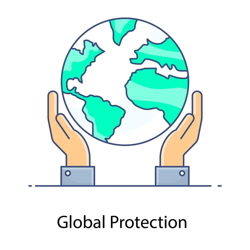 globo en las manos, icono de contorno plano de protección global vector