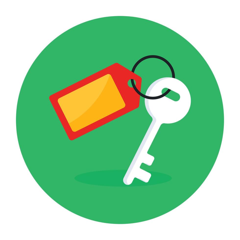 Flat rounded icon of a room key, keyring attached to key vector