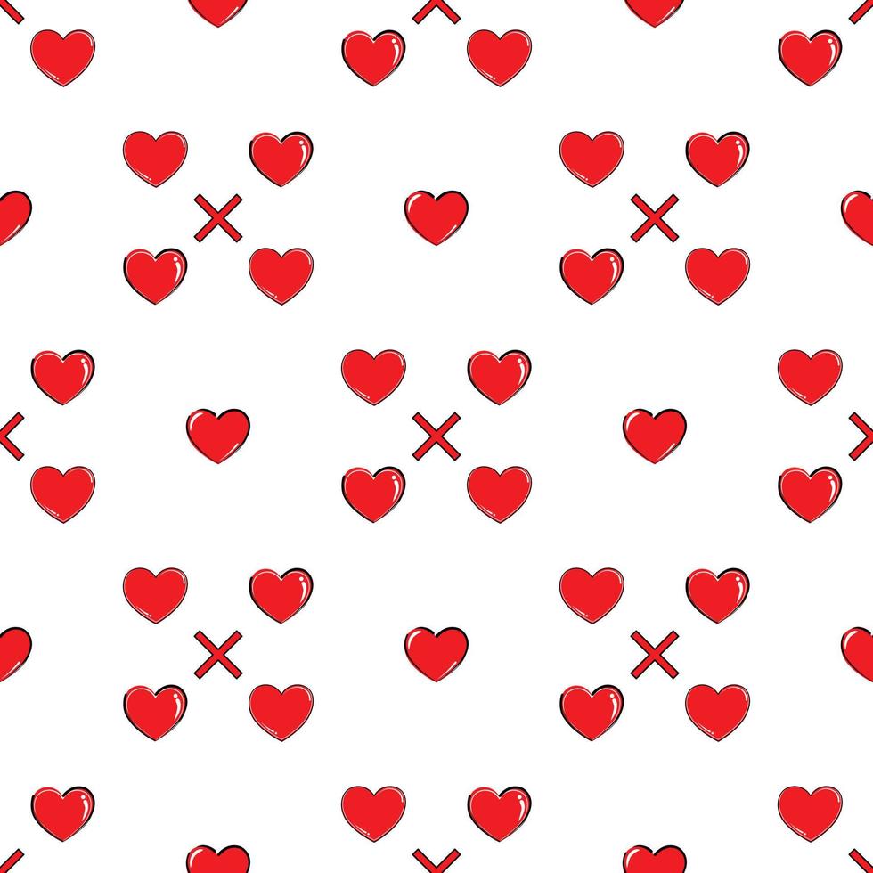 Vector - Abstract seamless pattern of red hearts and cross on white background. Valentines, wedding. Flat design. Can be use for print, paper, wrapping, origami, fabric.