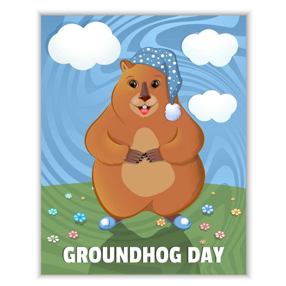 Happy Groundhog Day - spring holiday. February 2nd. Greeting card, grass, flowers, blue groundhog non-careless. Marmot in a nightcap and slippers. Vector graphics.