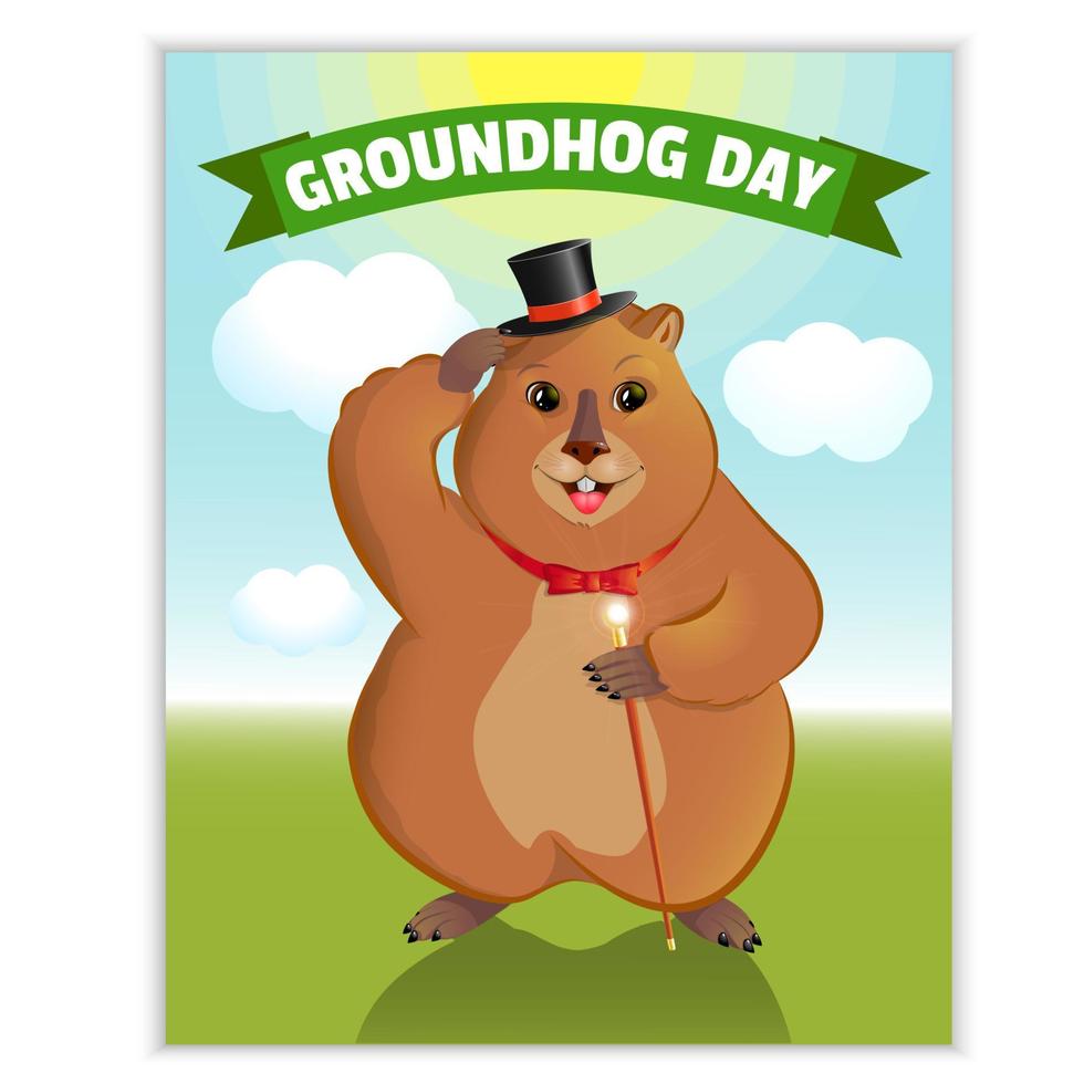 Happy Groundhog Day - a spring holiday. February 2nd. Greeting card, sun, herbs, shadow of a groundhog. Marmot with a cane, in a cauldron. Vector graphics.
