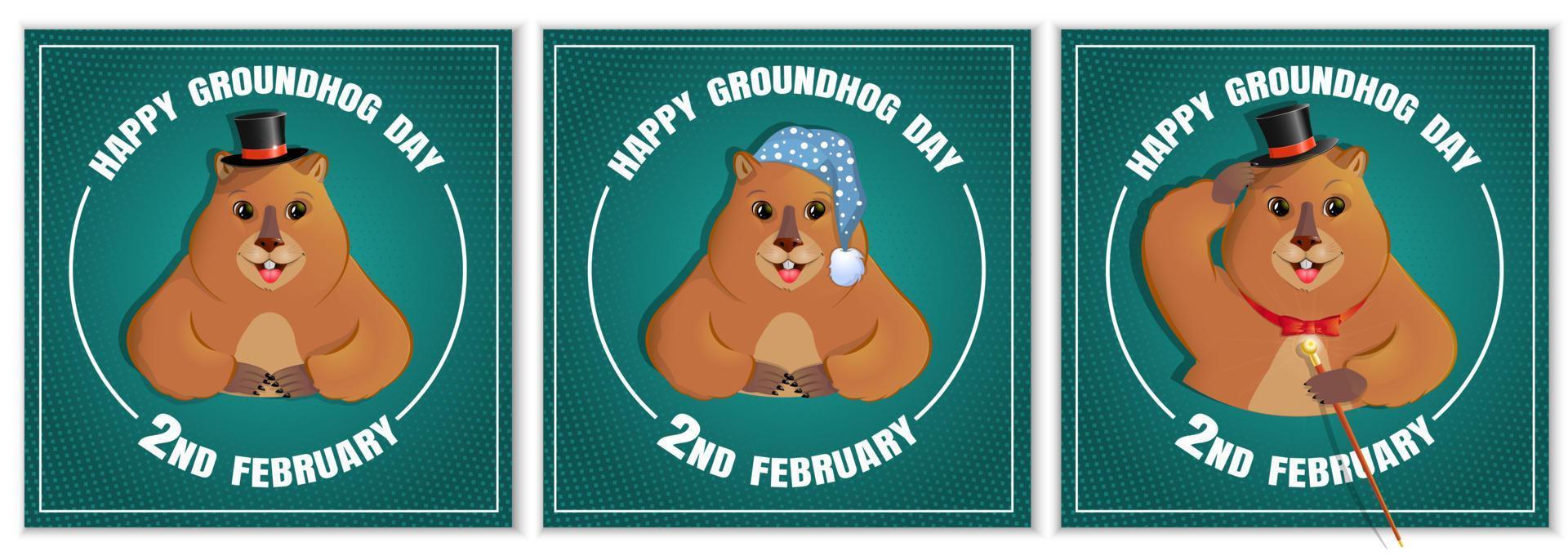 feliz día de la marmota es una fiesta de primavera. 2 de febrero conjunto de pancartas cuadradas. marmota con bastón, con bombín, con gorro de dormir y zapatillas. gráficos vectoriales vector