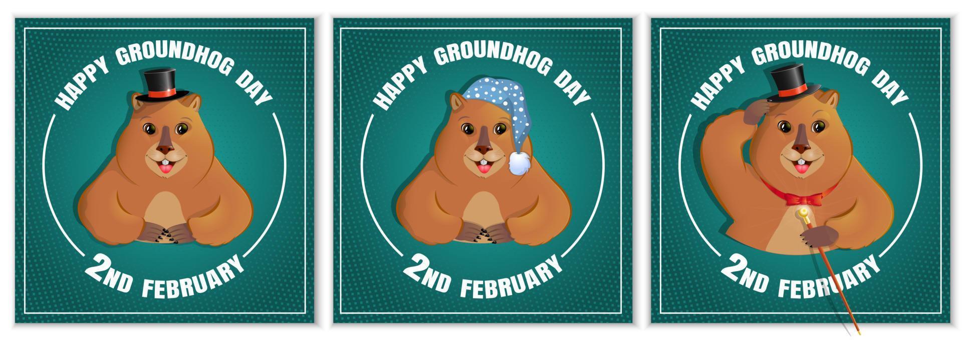 Happy Groundhog Day is a spring holiday. February 2nd. Set of square banners. Marmot with a cane, in a bowler hat, in a nightcap and slippers. Vector graphics.